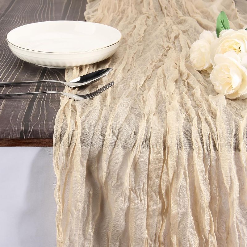 Photo 1 of 6 Pack Cheesecloth Table Runner, ZOUTOG 10ft Gauze Table Runner for Party, 35x120 inches Rustic Sheer Boho Runner Table Decor for Weddings, Bridal and Baby Showers, Birthday Parties and More, Beige