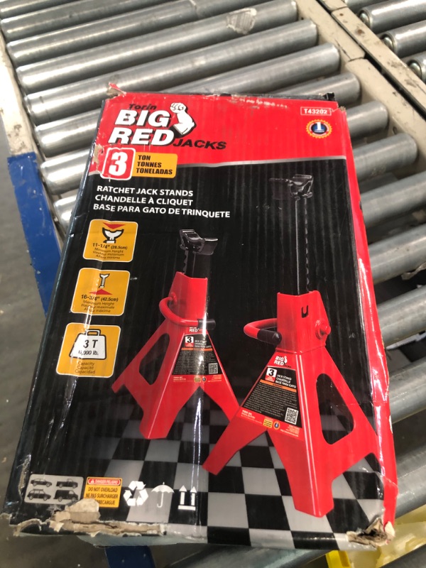 Photo 2 of BIG RED T43202 Torin Steel Jack Stands: 3 Ton (6,000 lb) Capacity, Red, 2 Count (Pack of 1) & MAXXHAUL 70472 Solid Rubber Heavy Duty Black Wheel Chock 2-Pack, 8" x 4" x 6" 2 count (pack of 1) Stands + Black Wheel Chock 2-Pack