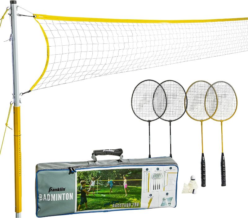 Photo 1 of Franklin Sports Badminton Net Sets - Outdoor Backyard + Beach Badminton Net + Equipment Set - (4) Rackets + (2) Birdies + Portable Net Included - Adults + Kids Set