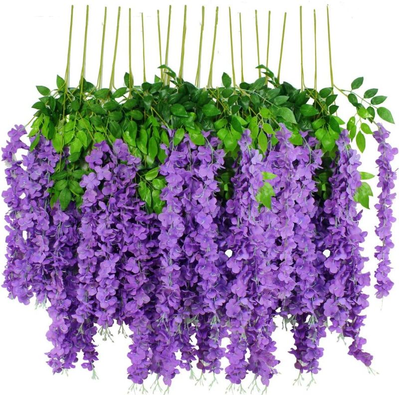 Photo 1 of 12pcs Artificial Wisteria Flowers 3.6 Feet/Piece Purple Dense Artificial Fake Wisteria Vine Ratta Hanging Garland Silk Flowers String Home Party Wedding Decor?Purple-Dense