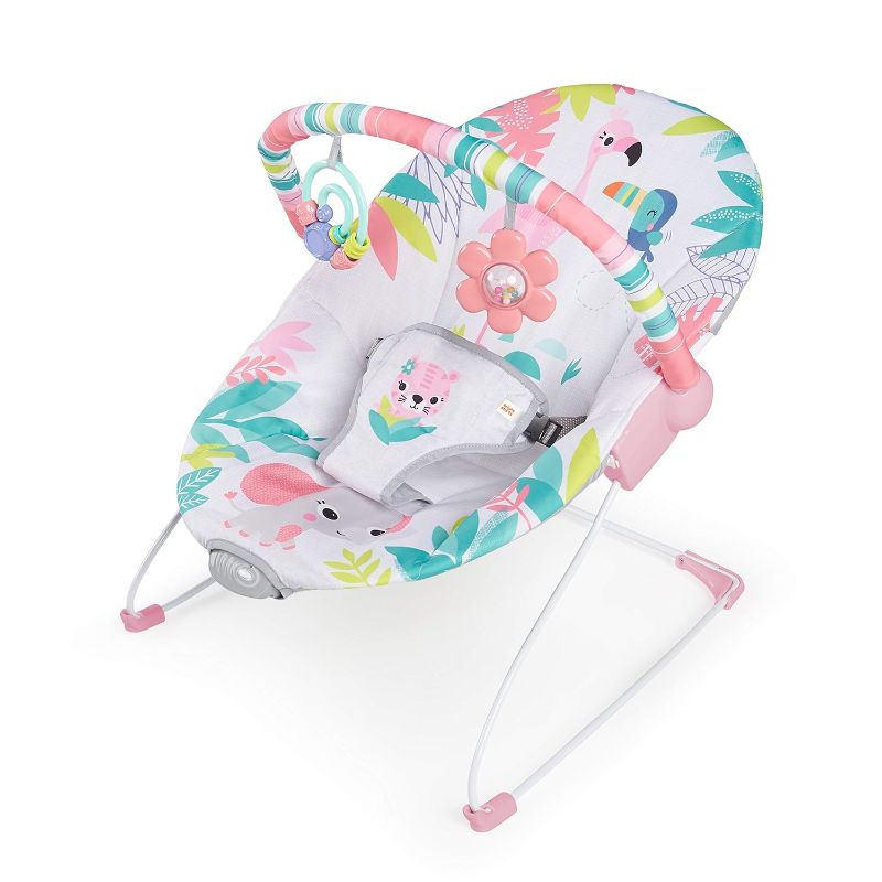 Photo 1 of Bright Starts Baby Bouncer Soothing Vibrations Infant Seat - Removable-Toy Bar, Nonslip Feet, 0-6 Months Up to 20 lbs (Flamingo Vibes, Pink