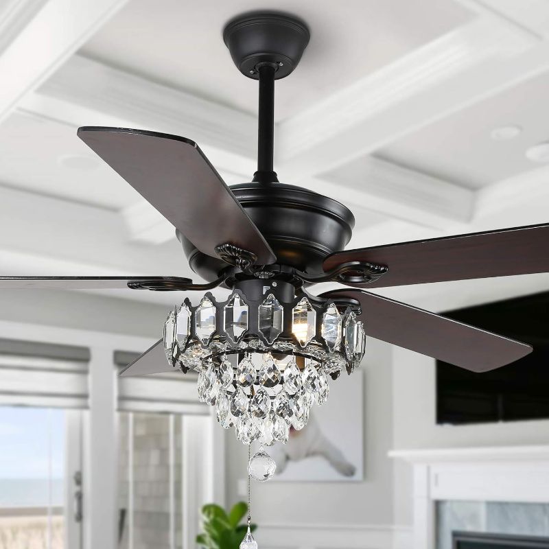 Photo 1 of 52" Crystal Ceiling Fan Light, Modern Chandelier Ceiling Light with Remote Control & Pull Chain, 5 Reversible Blades, for Living Room, Bedroom - Black