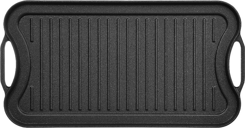 Photo 1 of Amazon Basics Pre-Seasoned Cast Iron Reversible Rectangular Grill/Griddle, Black, 20 x 10.39 x 0.98 inch