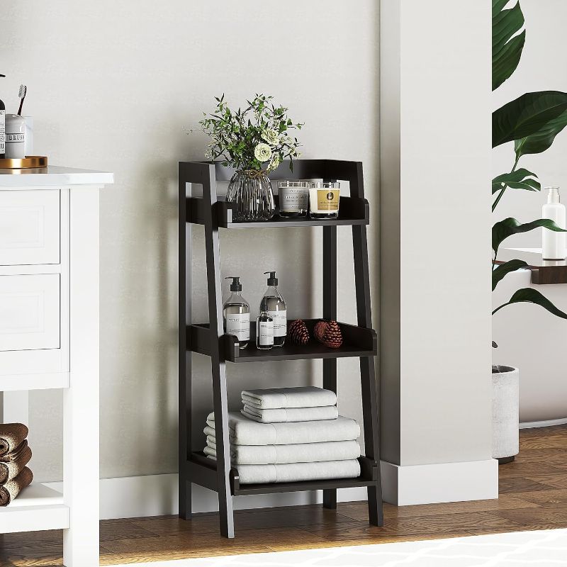 Photo 1 of 3-Tier Ladder Shelf, Bathroom Shelf Freestanding, 3-Shelf Spacesaver Open Wood Shelving Unit, Ladder Shelf