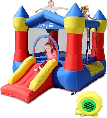 Photo 1 of AirMyFun Inflatable Bounce Jumper House with Air Blower, Jump Slide, Kids Castle Party Theme Bounce House with Durable Safe Sewn Indoor Outdoor, 82011A