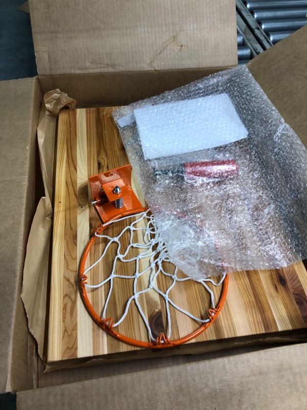 Photo 3 of Cali Kiwi Pros Indoor Basketball Inlaid Wood Backboard, Made with American Cedar. Includes 9” Hoop, Net & 5 Mini Basketballs & Hand Pump. (Natural Inlaid