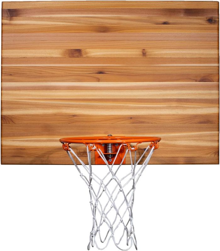 Photo 1 of Cali Kiwi Pros Indoor Basketball Inlaid Wood Backboard, Made with American Cedar. Includes 9” Hoop, Net & 5 Mini Basketballs & Hand Pump. (Natural Inlaid