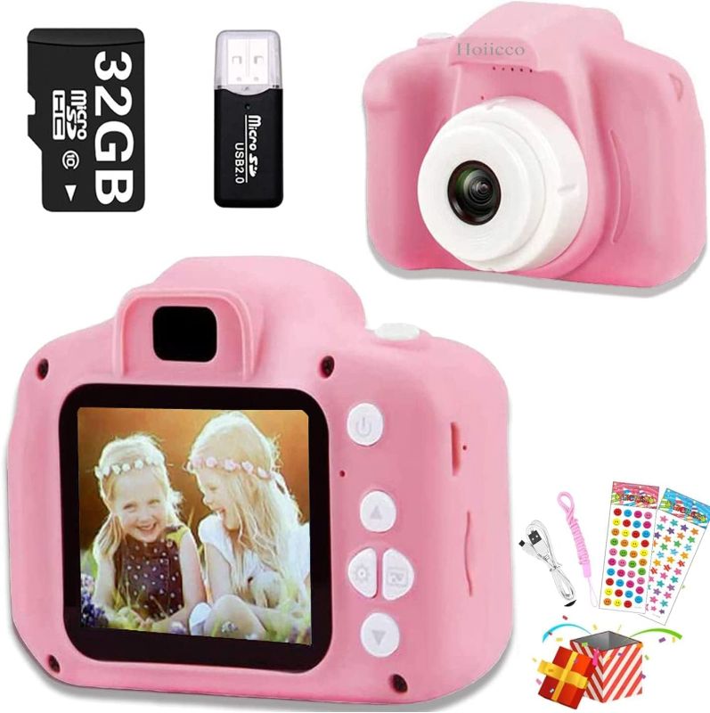 Photo 1 of Hoiicco Kids Camera, Children Digital Video Camera for Toddler, Christmas Birthday Gift for Boys and Girls, Toy Camera for 3-12 Year Old Kids with 32GB Card, Reader Card, Stickers (Pink