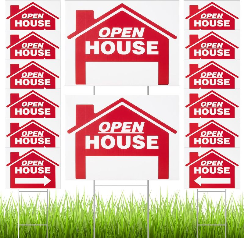 Photo 1 of 14 Pack 24 x 18 Inch Open House Sign Double Sided Real Estate Sign Posts Plastic Heavy Duty Open House Directional Open Yard Sign with Left Right Arrows 14 Pcs H Metal Stakes (Red