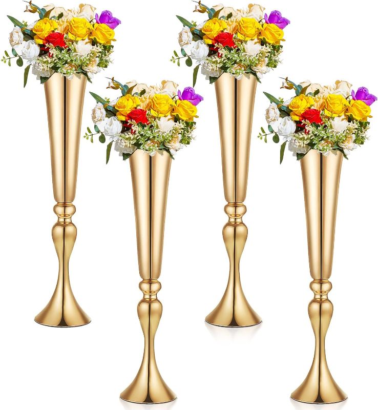 Photo 1 of 4 Pieces 21.9 Inch Trumpet Vases for Centerpieces Height Metal Wedding Centerpieces Vase Gold Flower Stand Wedding Table Decor for Wedding Party Table Road Leading, Anniversary Ceremony Party Decor