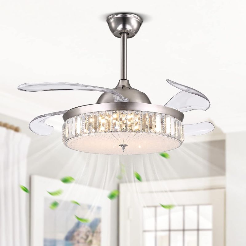 Photo 1 of 42 Inch Reverse Crystal Ceiling Fan Lights LED Fandelier, Siljoy Modern Retractable Chandelier Ceiling Fan with Light and Remote Silent Motor for Dining Room Bedroom, Sand nickel
