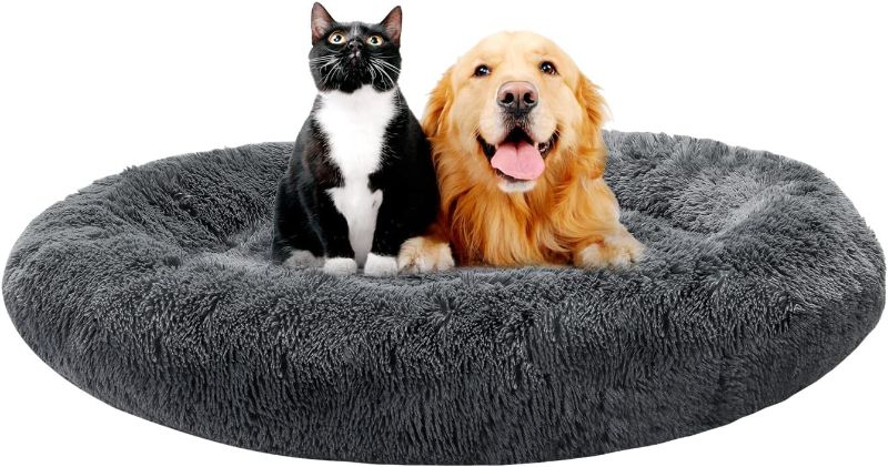 Photo 1 of Bonteck Calming Dog Beds for Small Medium Large Dogs - Round Donut Machine Washable Dog Bed, Anti-Slip Faux Fur Fluffy Donut Cuddler Cat Bed, Multiple Sizes S-XL
