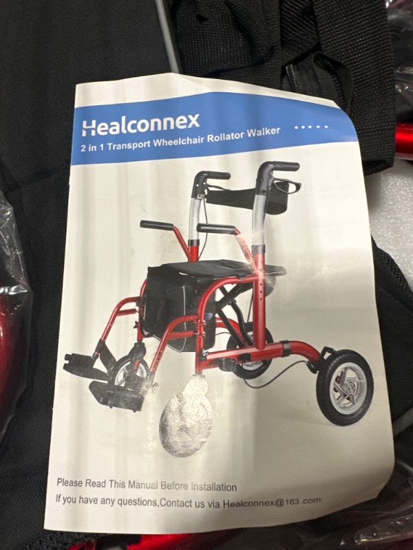 Photo 4 of Healconnex 2 in 1 Rollator Walker for Seniors-Medical Walker with Seat,Folding Transport Wheelchair Rollator with 10" Big Pneumatic Rear Wheels,Reversible Soft Backrest and Detachable Footrests