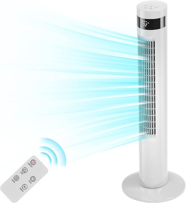 Photo 1 of Antarctic Star Tower Fan Portable Electric Oscillating Fan Quiet Cooling Remote Control Standing Bladeless Floor Fans 3 Speeds Wind Modes Timer Bedroom Office (36 inch, White)
