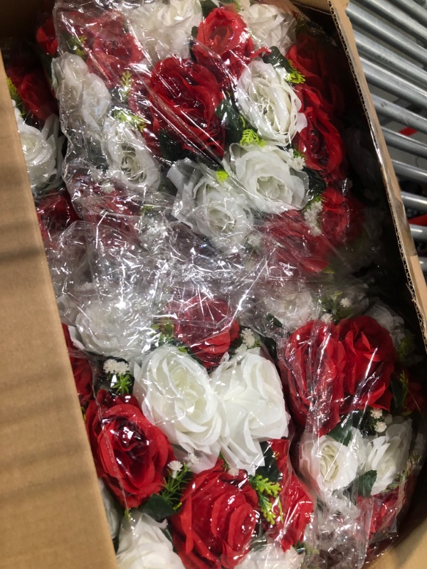 Photo 4 of QUTUNI 6Pcs Fake Flower Ball Arrangement Bouquet, 9.5" 15 Heads Plastic Roses with Base,Suitable for Parties Valentine's Day Wedding Centerpiece Flower Rack and Home Décor Red & White