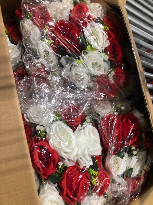 Photo 3 of QUTUNI 6Pcs Fake Flower Ball Arrangement Bouquet, 9.5" 15 Heads Plastic Roses with Base,Suitable for Parties Valentine's Day Wedding Centerpiece Flower Rack and Home Décor Red & White