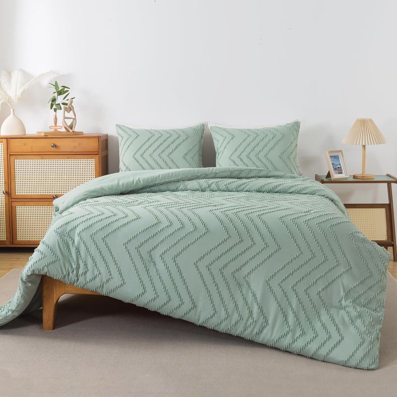 Photo 1 of Andency Sage Green Comforter , 3 Pieces Boho Chevron Bedding Comforter Sets (1 Tufted Comforter & 2 Pillowcases), Summer Lightweight Fluffy Shabby Chic Microfiber Down Alternative Bed Set