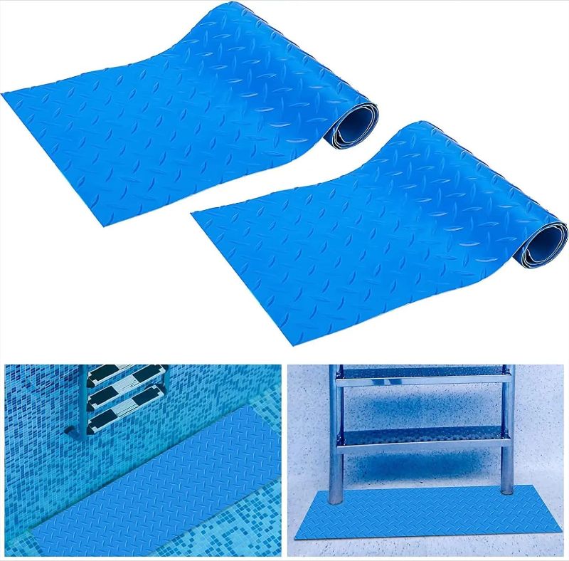 Photo 1 of 2 Rolls Pool Ladder Mats 36 x 24 inch, KENNEDICH Non-Slip Protective Step Mat for Above Ground Pool Ladder, Thick Swimming Pool Mat, Sturdy Pool Ladder Pad, Cuttable for Desired Size Blue
