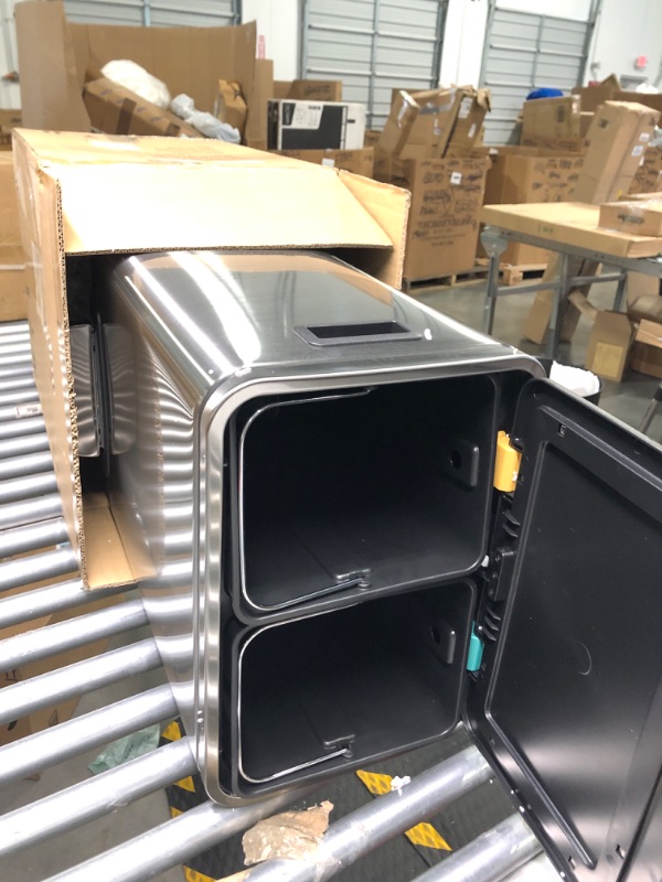 Photo 1 of Amazon Basics Dual Bin Rectangular Trash Can With Soft-Close Foot Pedal, 30-Liter (2 x 15 Liter Interior Bins), 20.5 x 13 x 15.7 Inches (H x D x W), Brushed Stainless Steel
