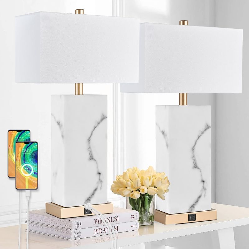 Photo 1 of 24" White Table Lamp Set of 2 Touch Control, Lamps for Living Room with USB, 3-Way Dimmable Bedside Nightstand Lamps, Gold Lamp Set for Bedroom, Marble Base Side Lamp for End Tables, Bulbs Included
