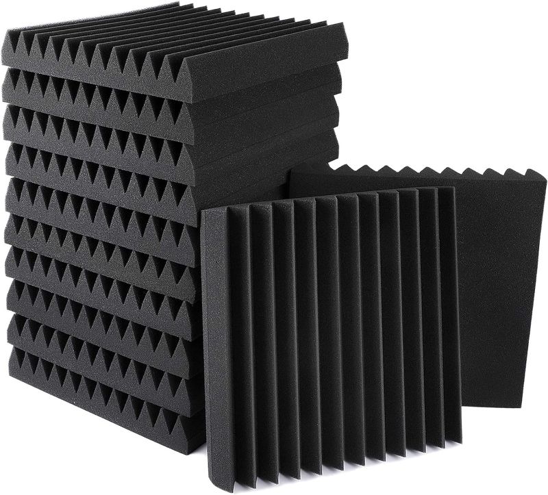 Photo 1 of 24 Pack Set Acoustic Foam Panels 2" x 12" x 12" Wedges Tiles Fireproof Soundproof Foam Sound Absorbing Noise Cancelling Panels for Recording Studios, Home, Offices Walls Ceiling (24 Black)
