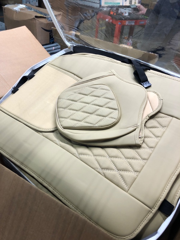 Photo 3 of NUNIVAK Full Coverage Leather Car Seat Covers Full Set Fit for Cars Trucks Sedans with Waterproof Leatherette in Automotive Seat Cover Accessories (Beige) Beige Full Set