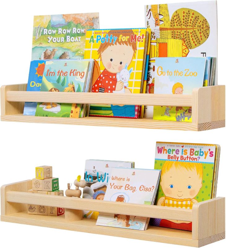 Photo 1 of Fun Memories Nursery Book Shelves Set of 2 - Rustic Natural Solid Wood Floating Bookshelf for Kids - Wall Book Shelves Kitchen Spice Rack for Kids Room, Home Decor - Natural Wood - 24 Inch
