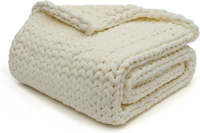 Photo 1 of YnM Velvet Weighted Blanket, Handmade Chunky Knitted Design, Soft and Cozy, Temperature Regulating and Breathable, Machine Washable Throw for Sleep or Home Decor (Cream, 60x80 Inch, 15lbs)
