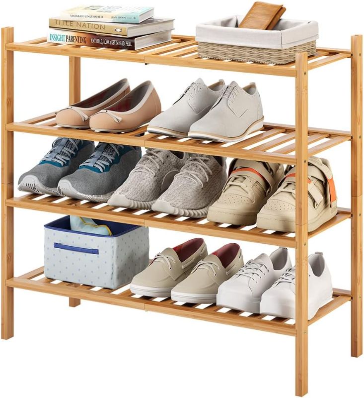 Photo 1 of 4-Tier Bamboo Shoe Rack for Entryway, Stackable | Heavy Duty | Multi-Function, Free Standing Shoe Racks for Bedroom Hallway Closet
*loose hardware in box*