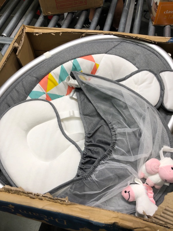 Photo 3 of Dream On Me Zazu Baby Swing, Baby Swing for Infant, 5- Swinging Speed, Two Attached Toys, Bluetooth Enabled and Remote Control, Grey and Pink
*STICKER RESIDUE ON BASE*