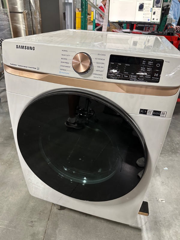 Photo 2 of ***PARTS ONLY*** Samsung 7.5-cu ft Stackable Steam Cycle Smart Electric Dryer (Ivory) ENERGY STAR
*no damage* *unable to test-needs to be hooked up to vent*