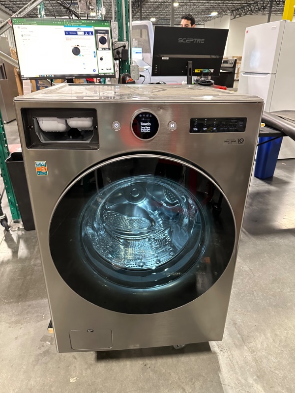 Photo 2 of LG TurboWash 360 4.5-cu ft High Efficiency Stackable Steam Cycle Smart Front-Load Washer (Graphite Steel) ENERGY STAR
*no damage* *missing door for soap-view picture*