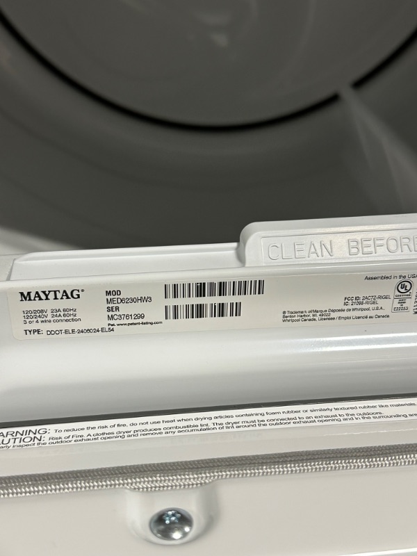 Photo 3 of Maytag SMART Capable 7.4-cu ft Smart Electric Dryer (White)
*minor scratches on front of product (view pictures)  *unable to test product- plug was unique*
