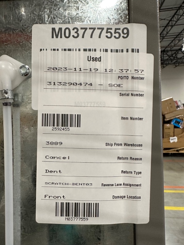 Photo 4 of Whirlpool 20.5-cu ft Top-Freezer Refrigerator (Fingerprint Resistant Stainless Steel)
*fridge handles are located inside for installation* *product is factory sealed* *small dent behind product*

*product plug is bent- view picture*
