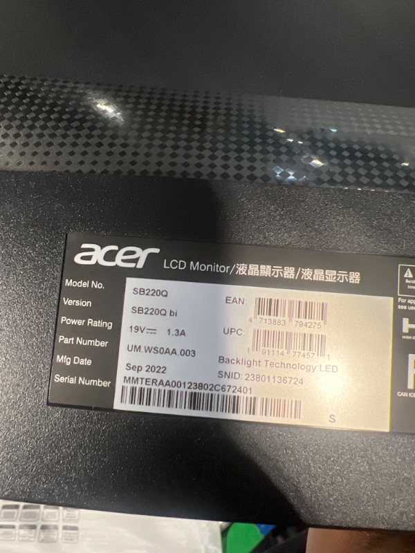 Photo 1 of Acer 21.5 Inch Full HD (1920 x 1080) IPS Ultra-Thin Zero Frame Computer Monitor (HDMI & VGA Port), SB220Q bi
