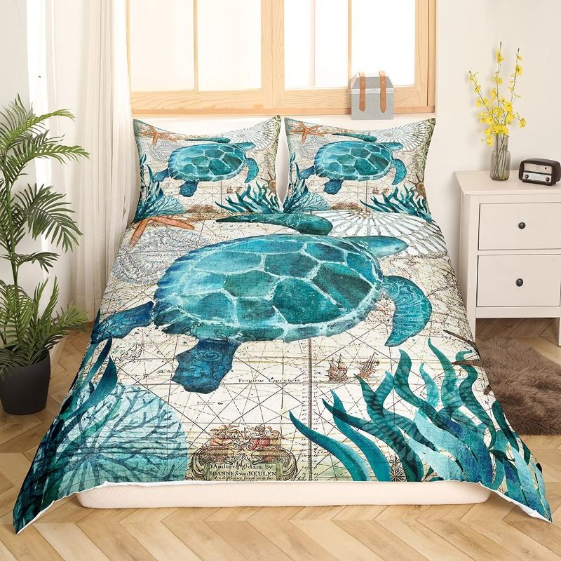 Photo 1 of 3D Sea Turtle Bedding Set Blue Twin for Boys Kids Girl Ocean Beach Themed 3 Piece Duvet Cover Children Teens Retro Tortoise Comforter Cover Hawaiin Turtle Printed Bedspread/Quilt Cover for All Seasons
