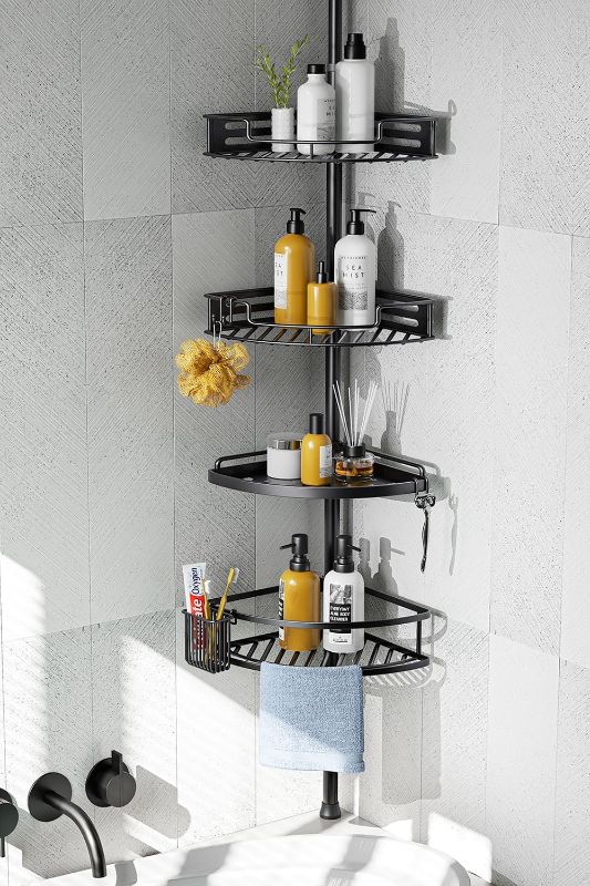 Photo 1 of  Corner Shower Caddy Tension Pole: Quick Installation 4-Tier Rustproof Bathroom Organizer Shelves for Bathtub Shampoo Storage - 47-121 inch Adjustable Floor Standing Bath Rack Holder - Black