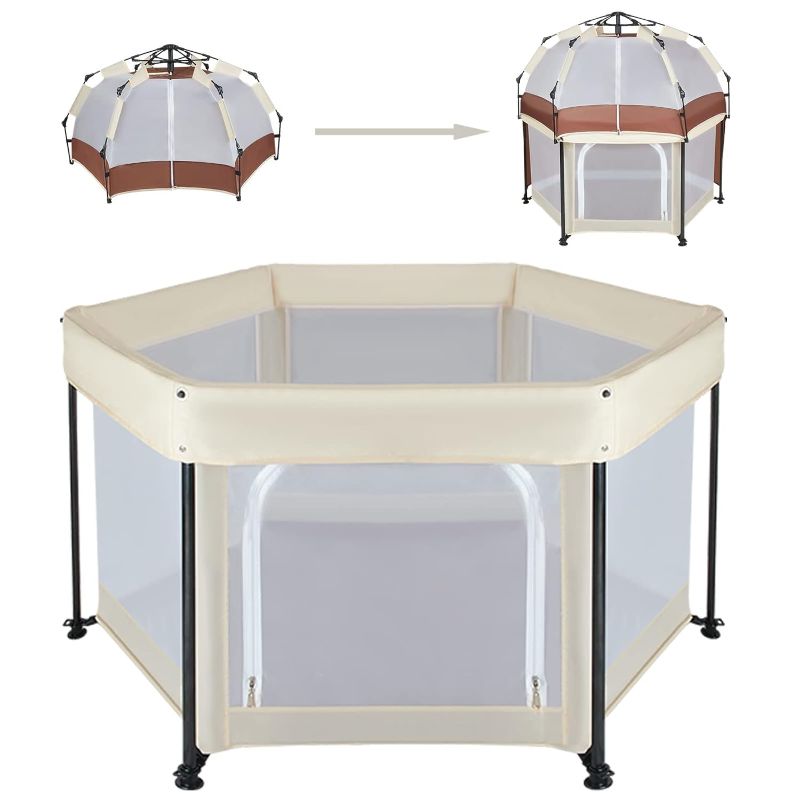 Photo 1 of Bend River Portable Baby Playpen with Padded Floor, Toddler Beach Tent with Detachable Canopy, Play Yard for Indoor and Outdoor White
