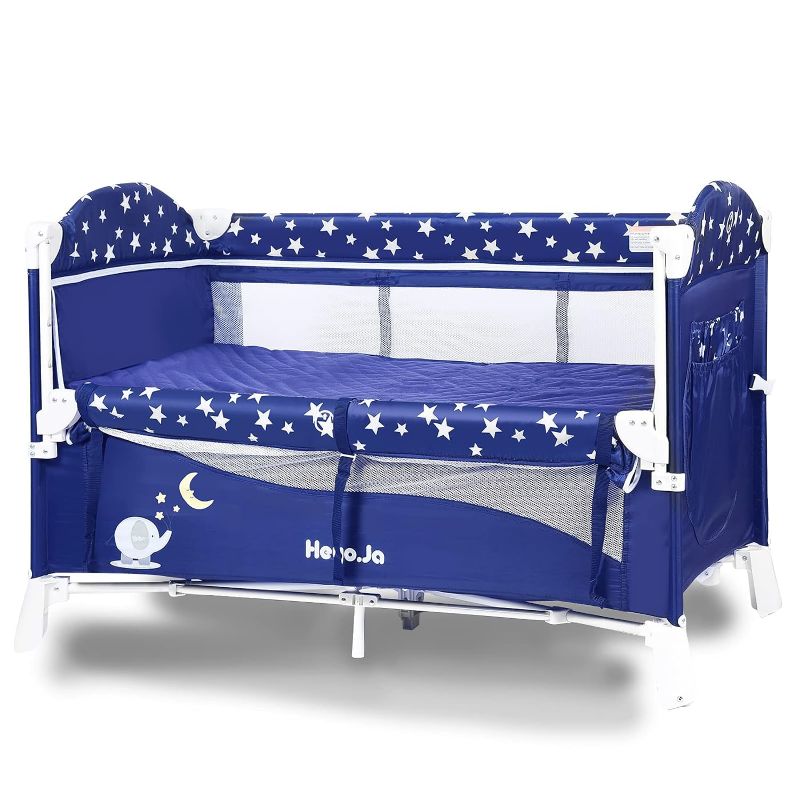 Photo 1 of Heyo.Ja Portable Baby Playard, 4 in 1 Convertible Pack and Play with Bassinet, Nursery Center with Comfortable Mattress, 5 Height Adjustable Bedside Crib, Starry Sky Fence (Navy)
