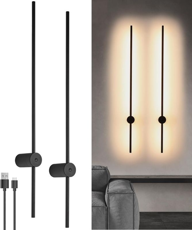 Photo 1 of LED Wall Sconces Set of Two, Battery Operated Wall Lights Indoor, USB Rechargeable LED Wall Light Matte Black, 39'' Warm Light 3000K, 360° Rotation Wireless Wall Lamp for Living Room Bedroom Hallway
