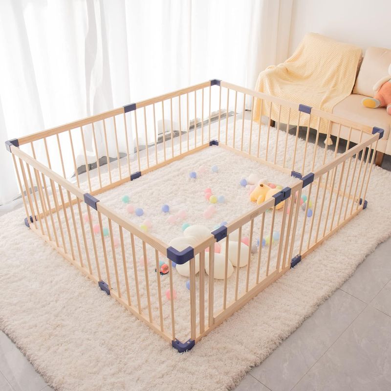 Photo 1 of Baby Playpen Kids Fence with Safety Gate, Safety and Anti-Drop Function, Activity Play Center, Safety Play Yard Indoor Outdoor Pure Wooden Baby Playpen
