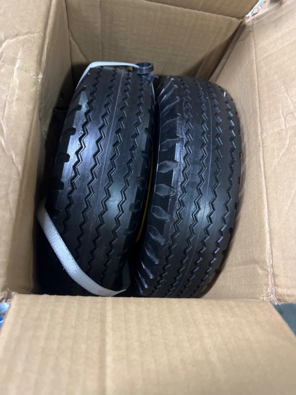 Photo 3 of MaxAuto 2 Pcs 4.10/3.50-6" Flat Free Tire, Hand Truck/All Purpose Utility Tire on Wheel, 3" Centered Hub, 3/4" Bearings, Yellow Steel