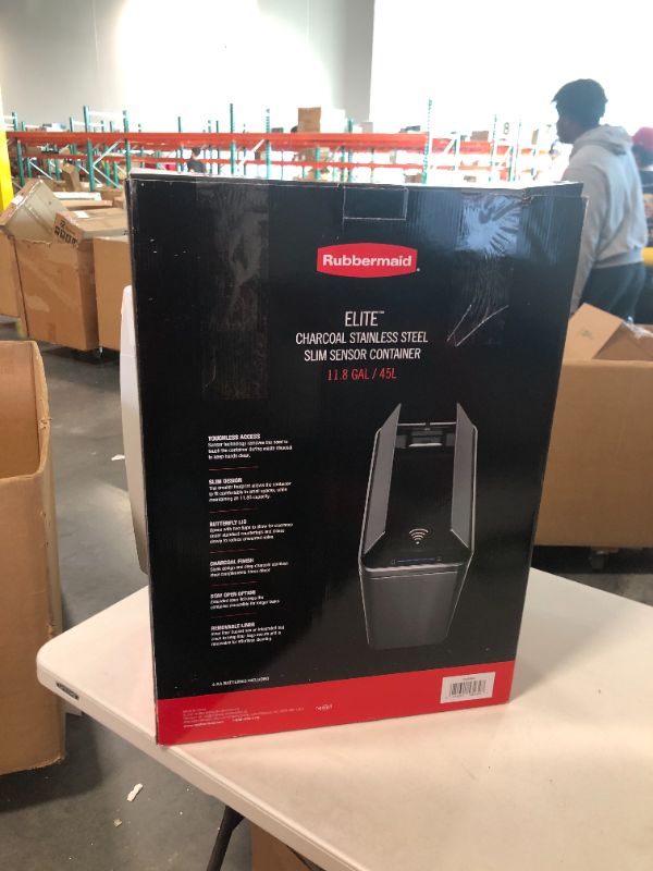 Photo 4 of ***MINOR DENTS*** Rubbermaid Elite Stainless Steel Slim Sensor Trash Can for Home and Kitchen, Batteries Included, 11.8 Gallon, Charcoal