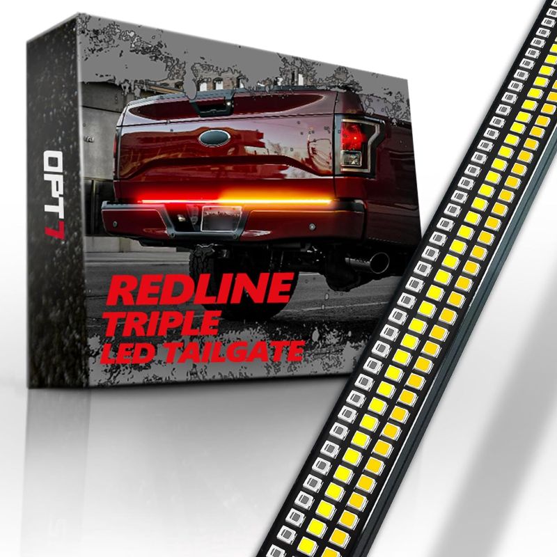 Photo 1 of OPT7 60" Redline Triple LED Tailgate Light Bar w/Sequential Amber Turn Signal - 1,200 LED Solid Beam - Weatherproof No Drill Install - Full Function Reverse Brake Running 60-Inch - Amber Turn