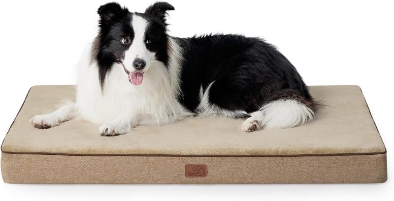 Photo 1 of Bedsure Memory Foam Large Plus Dog Bed - Orthopedic Waterproof Dog Bed for Crate with Removable Washable Cover and Nonskid Bottom - Plush Flannel Fleece Top Pet Bed, Khaki