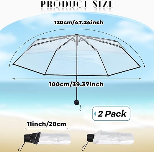 Photo 1 of 2 Pcs Clear Umbrella Transparent Portable Umbrella Compact Foldable Umbrella Manual Open Close Folding Umbrellas for Wedding Travel, Dating