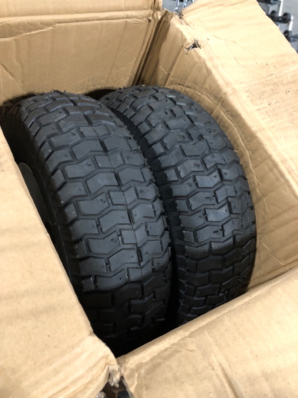 Photo 4 of (2-Pack) 16x6.50-8 Pneumatic Tires on Rim - Universal Fit Riding Mower and Yard Tractor Wheels - With Chevron Turf Treads - 3” Centered Hub and 3/4” Bushings - 615 lbs Max Weight Capacity