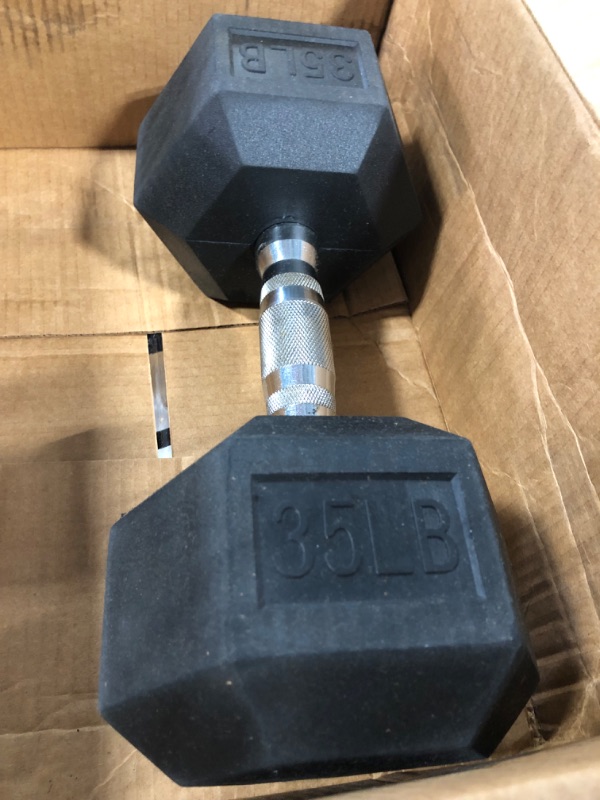 Photo 1 of Amazon Basics Rubber Encased Hex Dumbbell Weight - 13.8 x 6.2 x 5 Inches, 35 Pounds, Pack of 1 & Cast Iron Kettlebell - 35 Pounds, Black