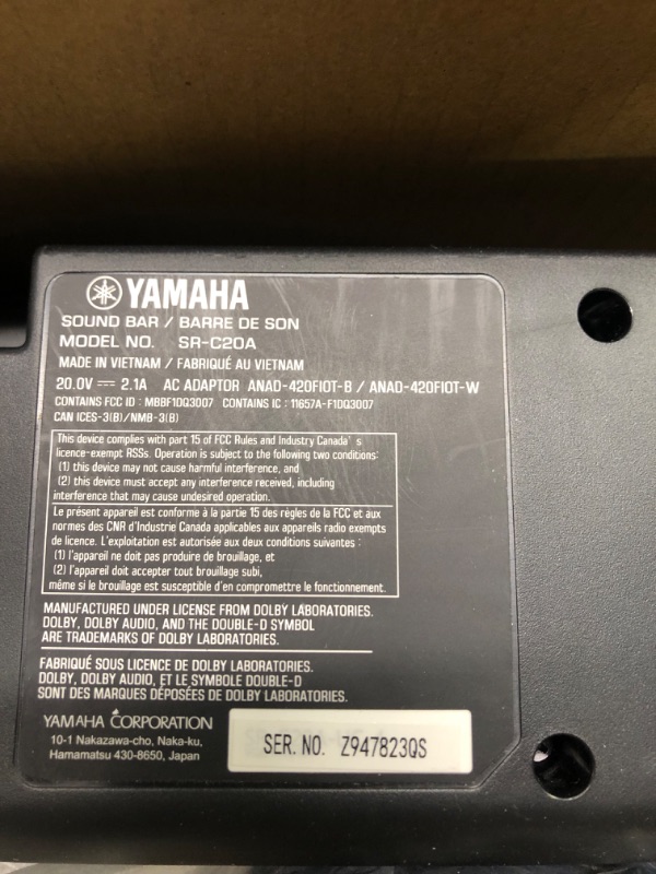 Photo 4 of YAMAHA SR-C20A Compact Sound Bar with Built-in Subwoofer and Bluetooth