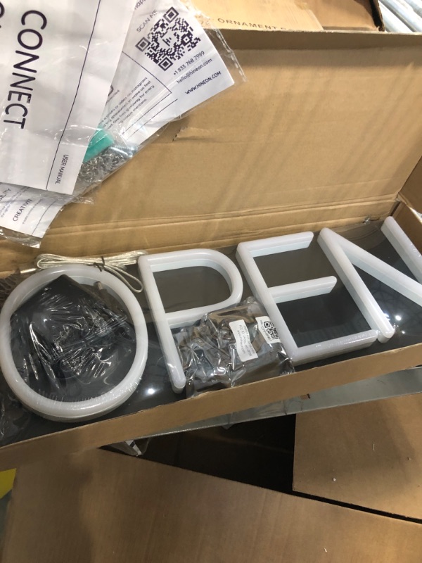 Photo 3 of HiNeon Neon Open Sign 20inx7in LED Open Sign w/Remote Controller, Electric Light Up Open Sign for Business Store, w/Hanging Chain for Shop Windows, Direct Plug-In w/ 12V Power Adapter, White